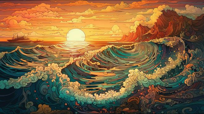 Sunset and Waves