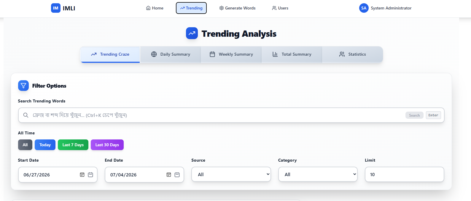 Top Words Trending Page